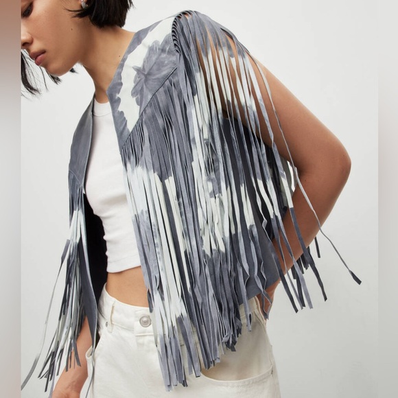 All Saints Evie tie dyed leather fringe vest size 10 - Picture 2 of 6